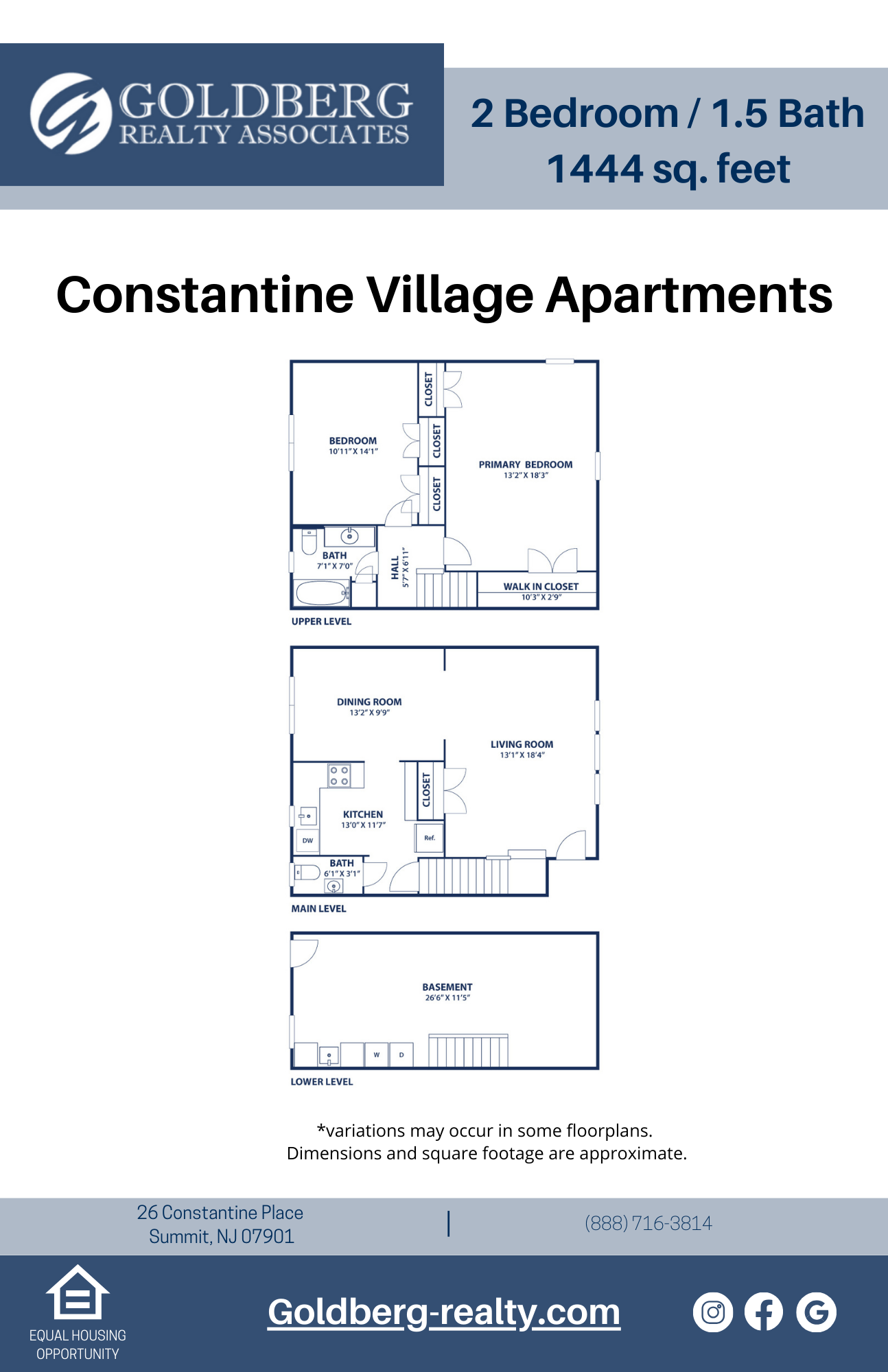 Floor plan for 2 beds, 1.5 baths, 1444 sqft